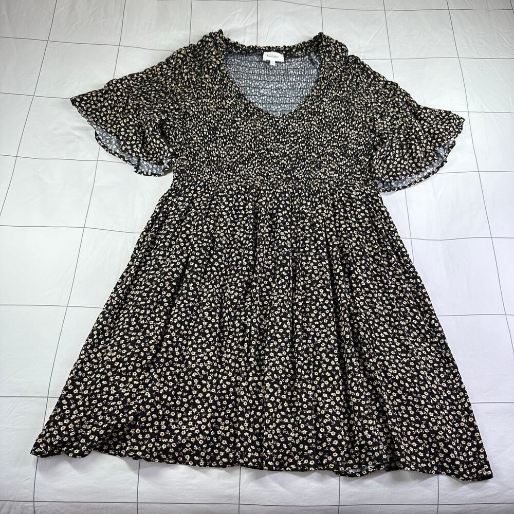 Bohme Dress Womens Large Black Ditsy Floral Smocked V Neck Bohemian Mini Flower